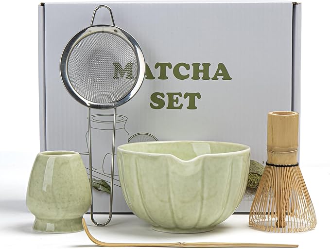 Matcha Whisk Set, Matcha Set Includes Ceramic Matcha Bowl, Bamboo Whisk, Scoop, Chasen Holder, Sifter, 5 Pcs Perfect Matcha Kit for Macha Lover (Mottled Green)