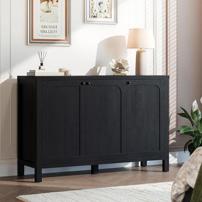 47" Black Sideboard Buffet Cabinet with Storage Modern Credenza with Doors Heavy Duty Wood TV Media Console Table Accent Cabinet for Living Room Hallway Entryway