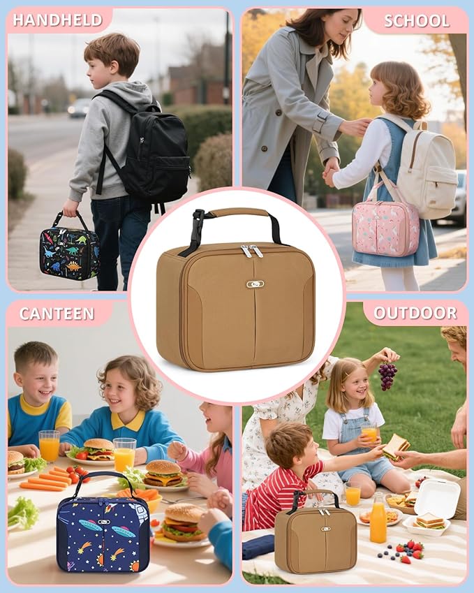 Capolo Insulated Lunch Bag for Kids and Adults, Lunch Box for Men Women, Insulated Reusable Lunch Bag for Work and School, Portable Lunch Box Cooler Bag, Cute Easy to Clean Lunch Tote Meal Bag, khaki