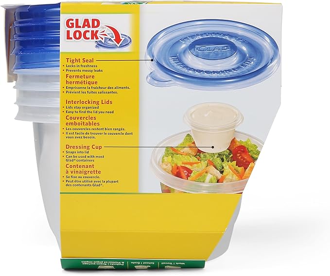 Glad GladWare To Go Lunch Food Storage Containers with Lids, Medium Round BPA Free Plastic with Built-In Dressing Cup for Salads and Lunches, Microwave Dishwasher Safe, 32 Oz, 4 Count - 6 Pack
