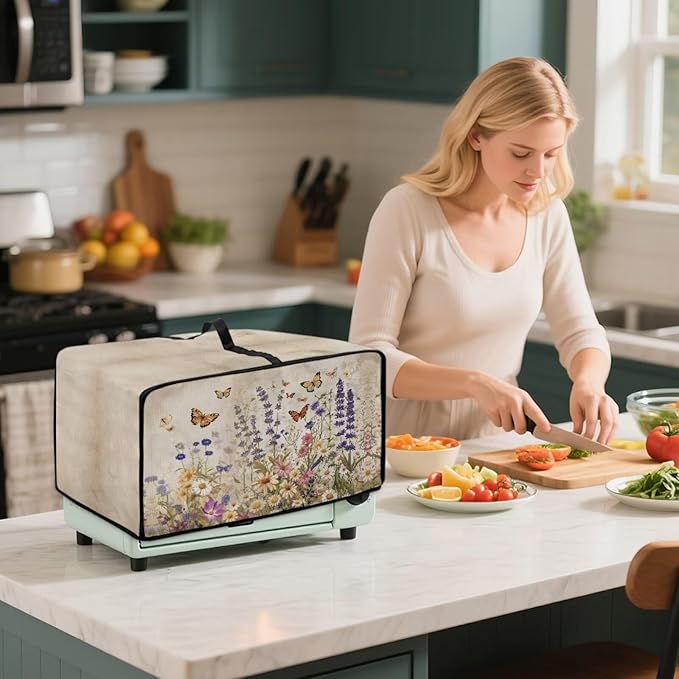 Toaster Oven Cover Washable Small Kitchen Appliance Dust Cover with Pockets, for Air Fryer Toaster Ovens, Microwaves, M, 16.5 x 20.5 x 10 Inches, Retro Floral Butterfly Print