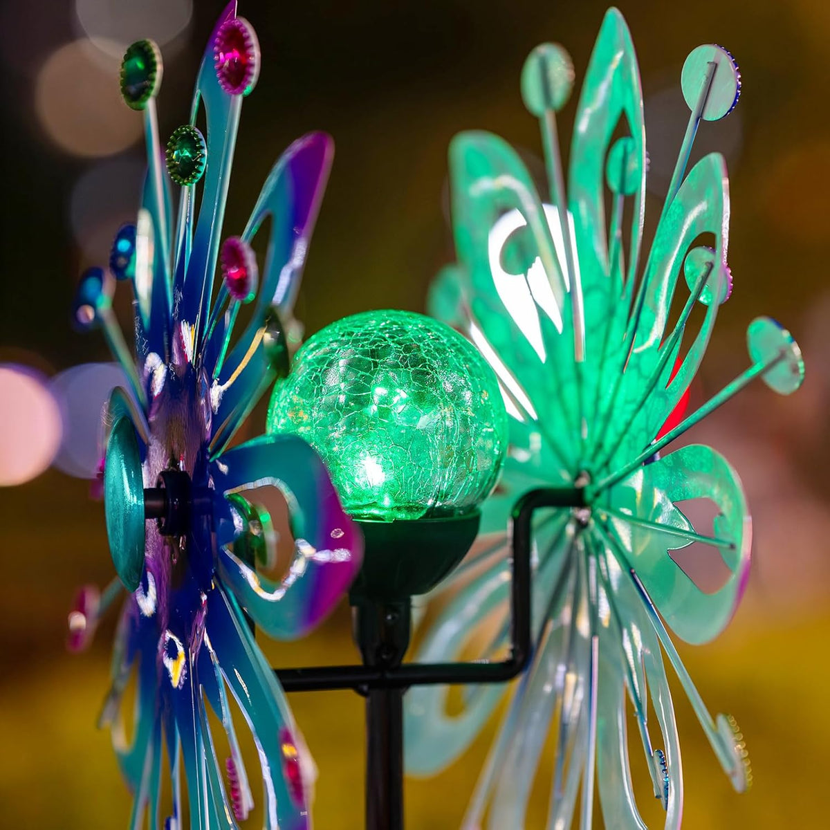 Solar Wind Spinners, 60.63" Outdoor Metal Stake Yard Wind Sculpture,Solar Powered Multi-Color LED Glass Ball with Kinetic Wind Spinners for Yard and Garden Lawn Patio Decor