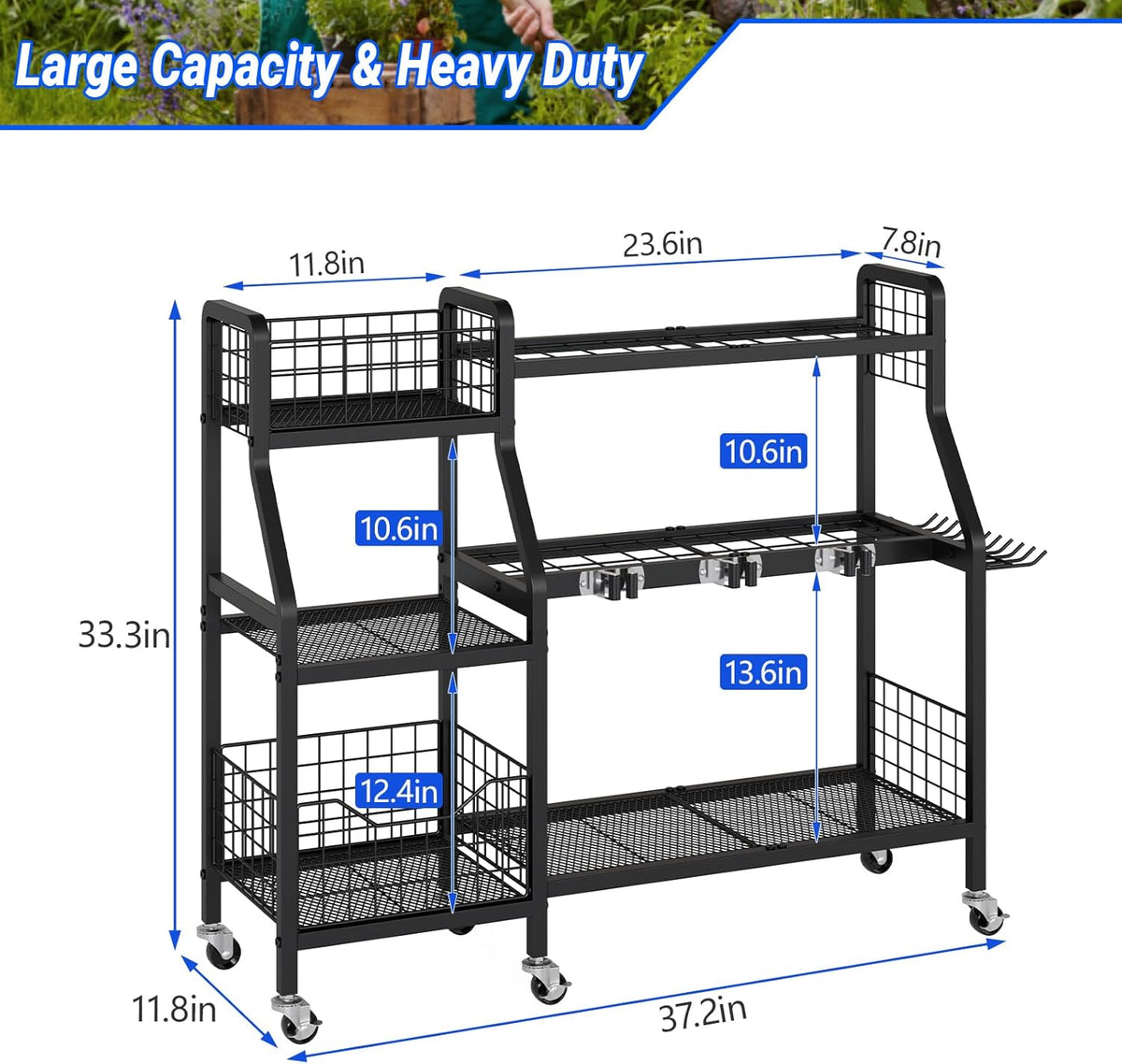 keomaisyto Garden Tool Organizer with 6 Wheels(3 lockable), Heavy Duty Yard Tool organizer with 2 Basket, Large Metal Garage Tool Organization and Storage for Garage/Shed/Yard/Broom Closet/Lawn