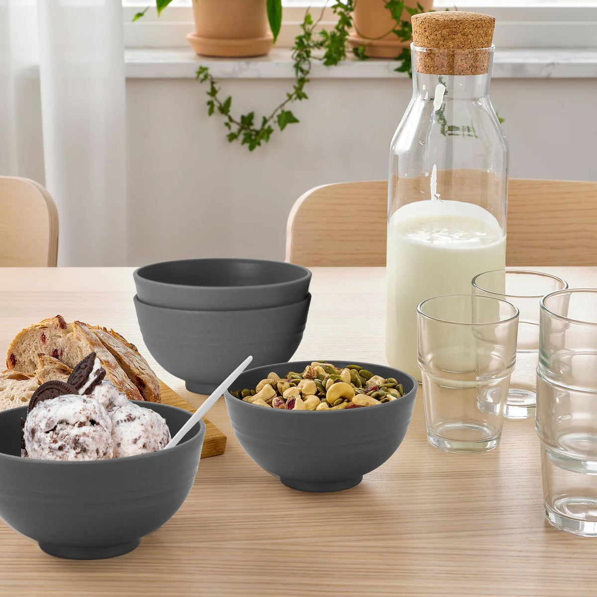 wheat straw small bowls 10oz set of 8 - Unbreakable Dessert Bowls for kids - Mini Bowl Sets for Ice Cream,Snack and Fruits - Microwave & Dishwasher Safe Appetizer Bowls (Deep Grey)