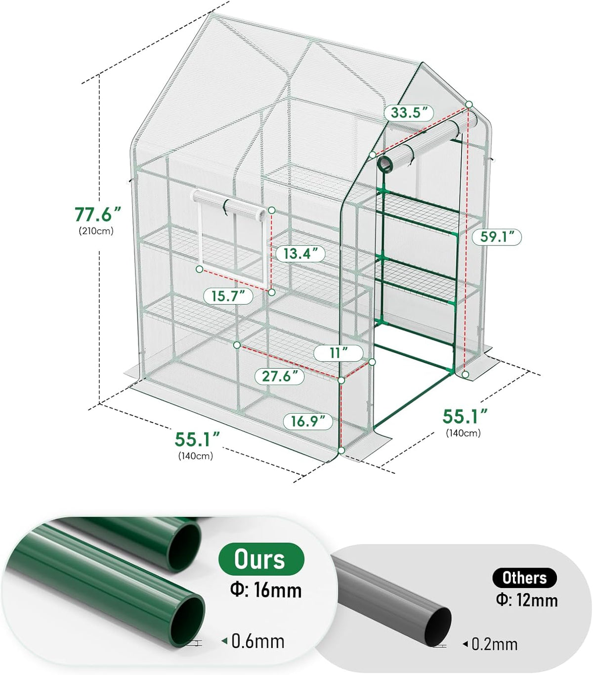 56×56×78Inch Walk-in Greenhouse, Heavy Duty Small Plant House with Thicken PE Cover and Steel Frame, for Garden, Outdoors, Indoors, White