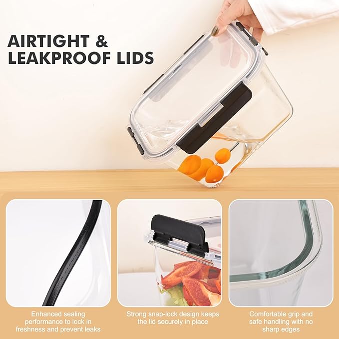 Liuruiyu 2 Pack Large Glass Food Storage Containers with Lids, 63oz Big Meal Prep Containers, Airtight Bento Boxes with Leak Proof Locking for Microwave, Oven, Freezer and Dishwasher, BPA Free