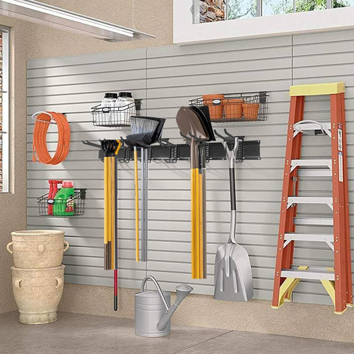 Garage Storage Rack Hooks, 48 Inch Heavy Duty Wall Mount Garage Organization with 3 Rails and 6 Adjustable Double Wall Hooks,Hanging Shelves for Garden Tool/Broom/Mop(Black)