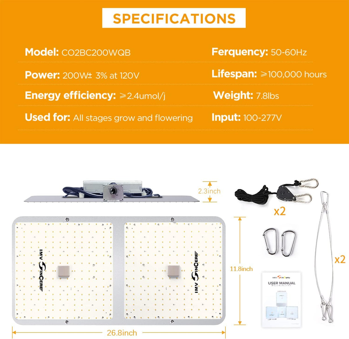 IMVSINCERE LED Grow Lights, BC200W Full-Spectrum LED Grow Light with Samsung Diodes Dimmable