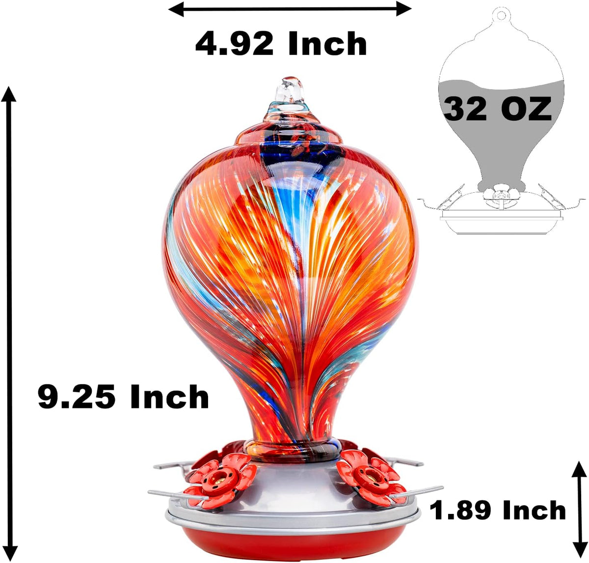 Muse Garden Hummingbird Feeders Blown Glass Hummingbird Feeder, Garden Backyard Decor, 32OZ, Mexican Stripes