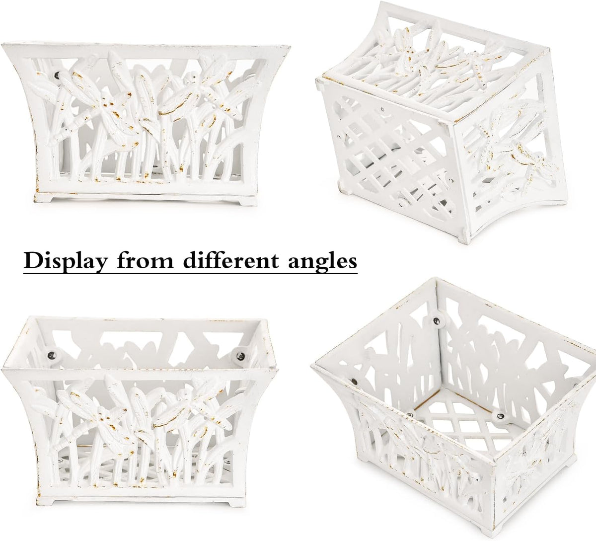 Sungmor Heavy Duty Cast Iron Planter Basket w/Non-Woven Growing Bag, Unique Shape & Beautiful Pattern Design, Hollow Orchid Flower Pot Garden Tools Holder, Rust White French Country Decor Container