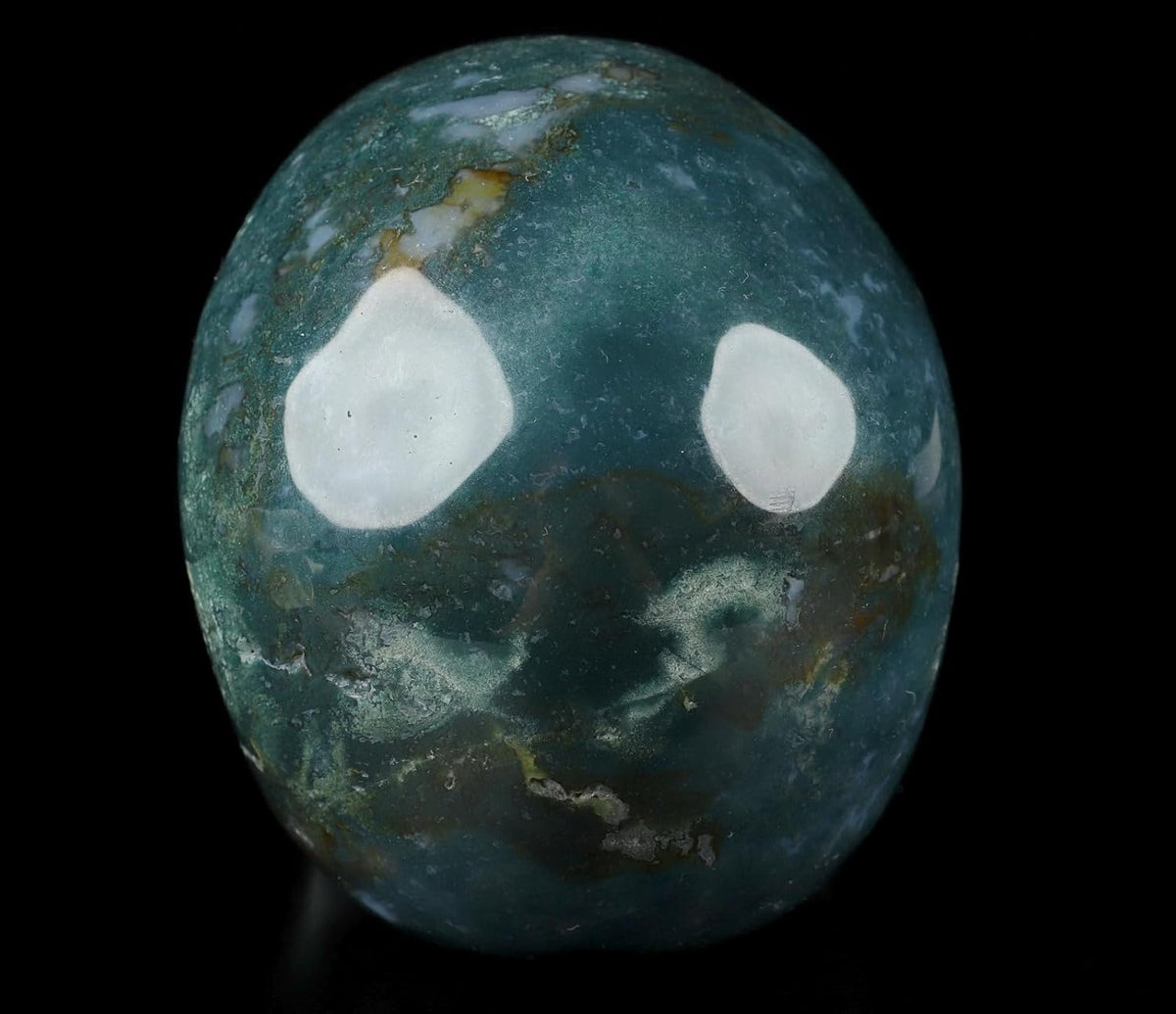 Skullis 5.0" Green Moss Agate Crystal Skull, Hand Carved Gemstone Fine Art Sculpture, Reiki Healing Stone Statue.2057
