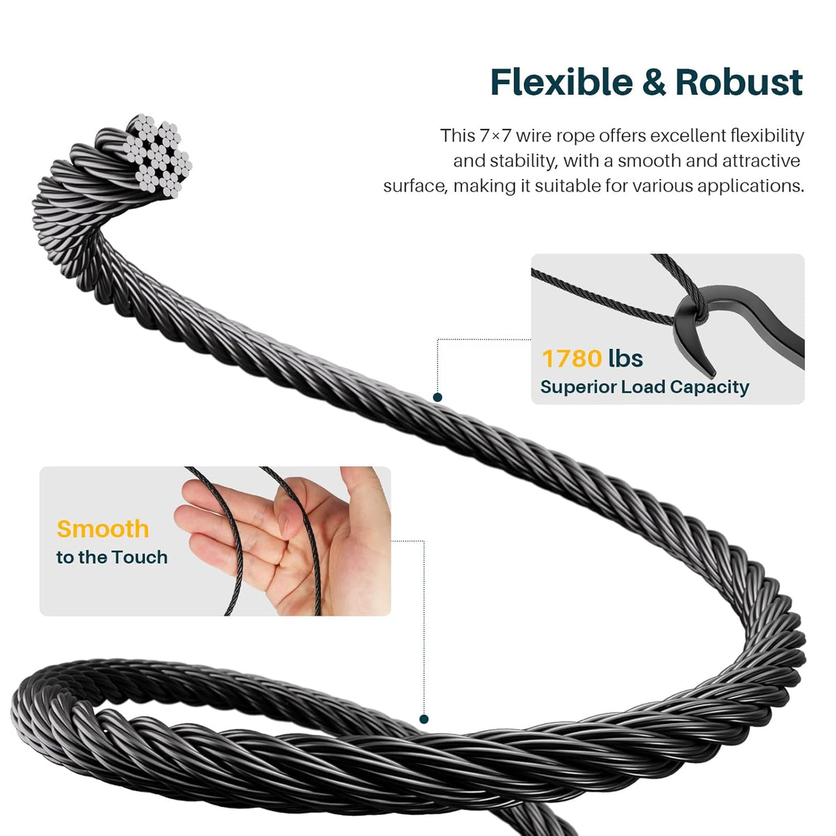 300FT 1/8" Black T316 Stainless Steel Cable, 7x7 Strands Construction, Black Wire Rope Aircraft Cable for Indoor, Outdoor, Deck Fence Railing, and DIY Balustrades