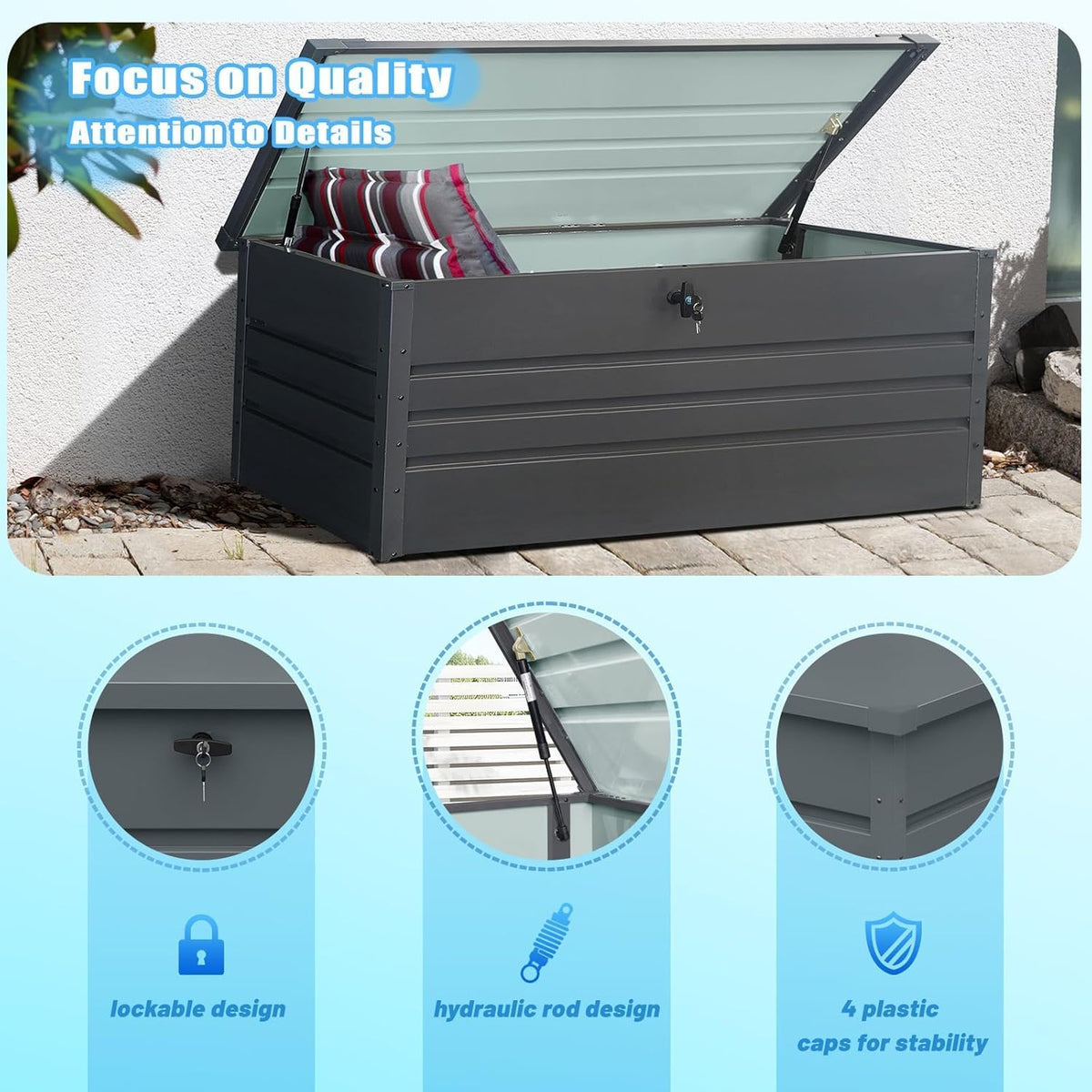 260 Gallon Metal Outdoor Storage Box Waterproof, Extra Large Deck Box and Patio Cushion Box for Storing Gardening Tools, Pool Supplies