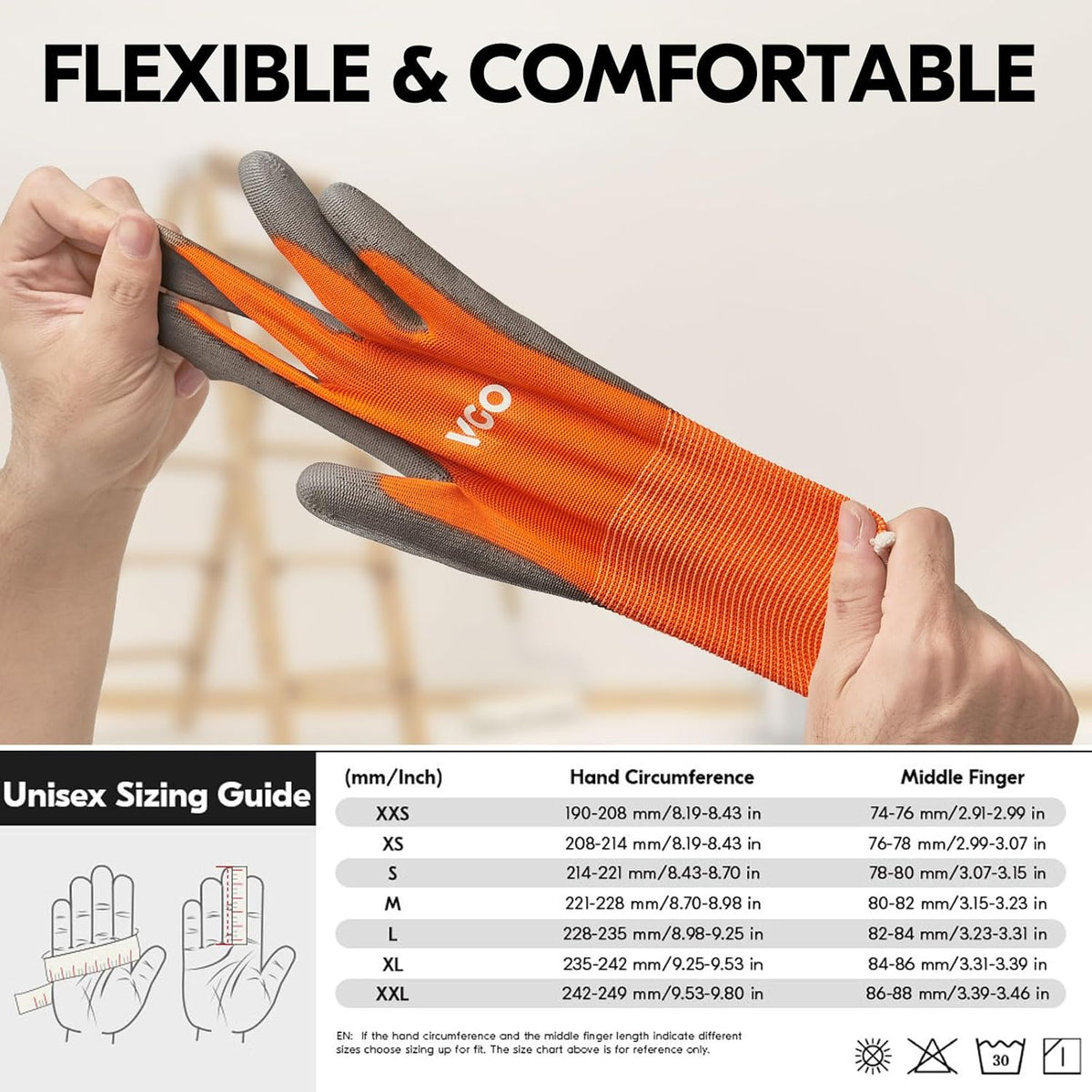 Vgo... 15-Pairs Safety Work Gloves, Gardening Gloves, Polyurethane Coated, Dipping Gloves, Latex Free (Size M,Orange, PU2103)