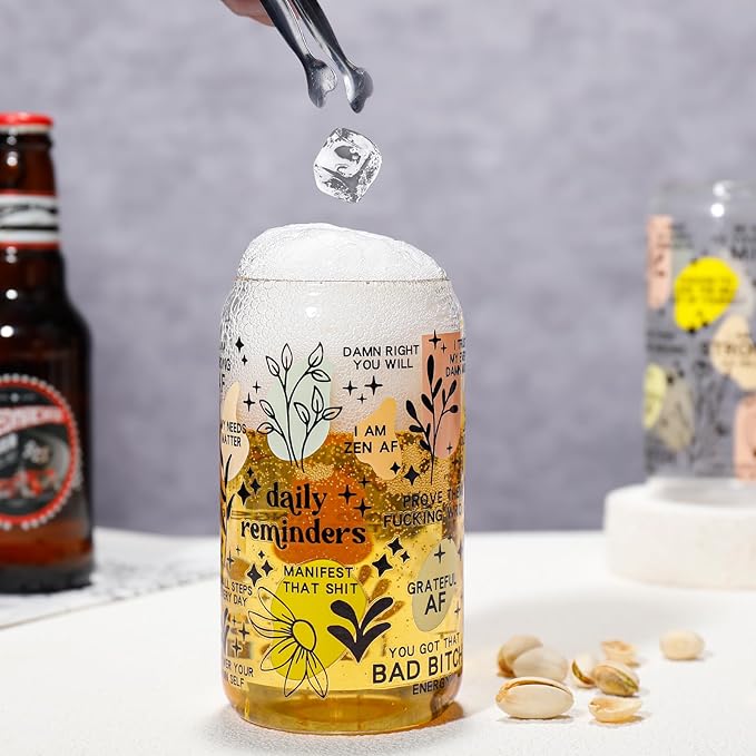 DWTS DANWEITESI Glass Cups with Lids and Straws with Design 4 pcs(Daily Reminder),Clear Glass Cups 16 oz-Glass Tumbler,Cute Design Glass Iced Coffee Cups Mental Health Positive