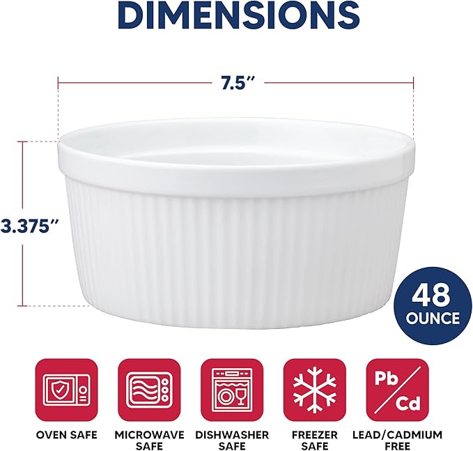 HIC Kitchen Souffle, Fine Porcelain, For Baking Souffles, Casseroles, Side Dishes, And Desserts, 48-Ounce (1.5-Quart) Capacity