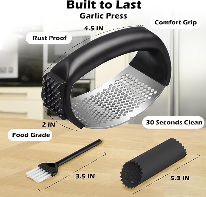 Garlic Press Rocker Set,Stainless Steel Garlic Mincer Tool with Garlic Peeler and Cleaning Brush Kitchen Gadgets Essentials Garlic Chopper