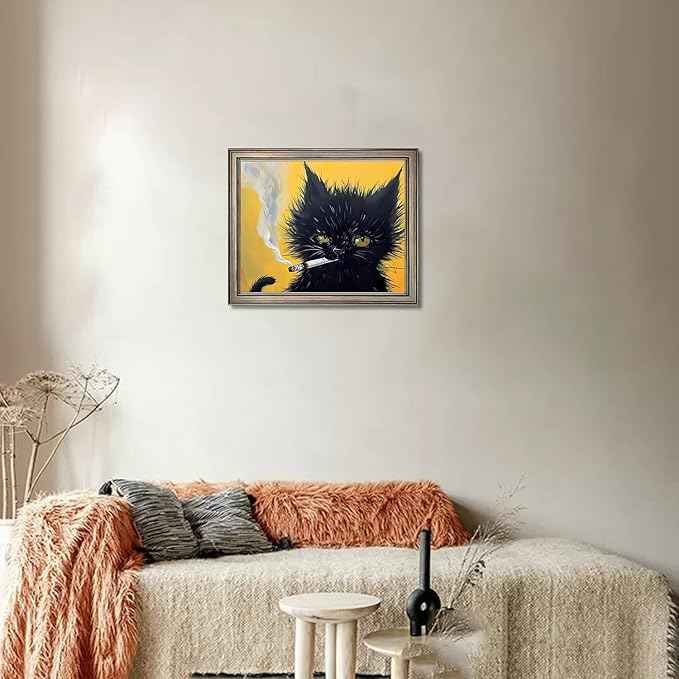 Famed Vintage Black Cat Portrait Wall Art Cat Print Poster for Room Aesthetic Mens Bathroom Bedroom Living Room Decor
