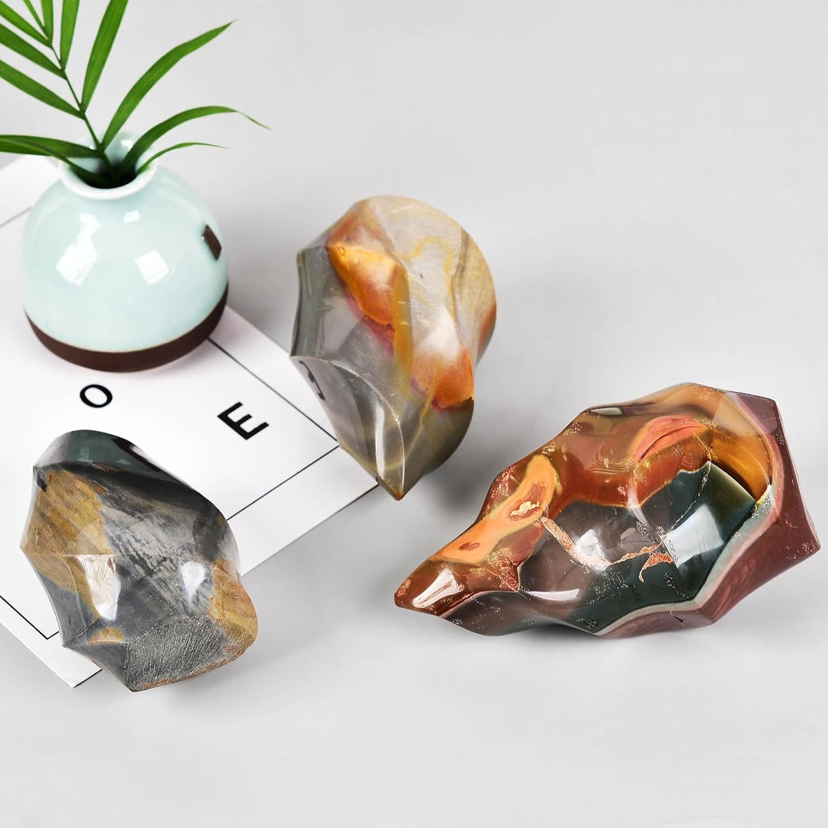 AMOYSTONE Polychrome Jasper Flame Shaped Stone Towers Obelisk Natural Healing Crystal Quartz Reiki Energy Decoration Home Office 0.6-1.0LBS