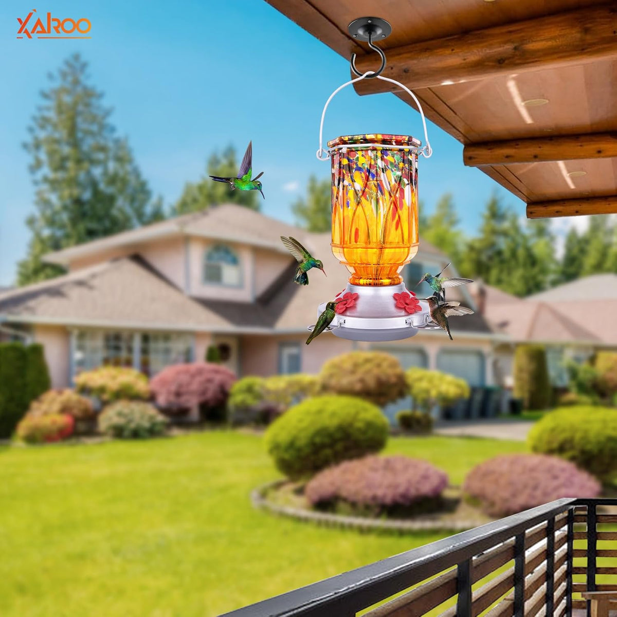 Hummingbird Feeders for Outdoors with Ant Moat, Hand Blown Glass Hummingbird Feeder, 4 Feeding Ports with Perch, Outdoor Garden Décor, 15 OZ, Orange