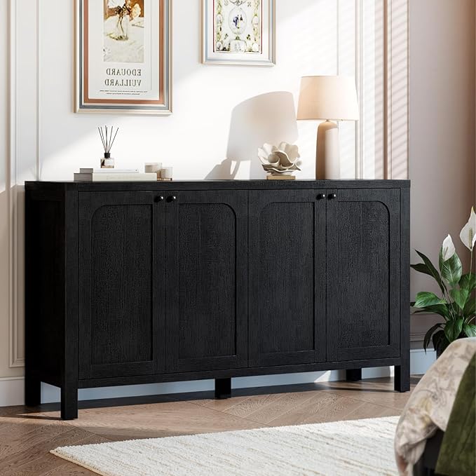 55" Black Sideboard Buffet Cabinet with Storage Modern Credenza with Doors Heavy Duty Wood TV Media Console Table Accent Cabinet for Living Room Hallway Entryway