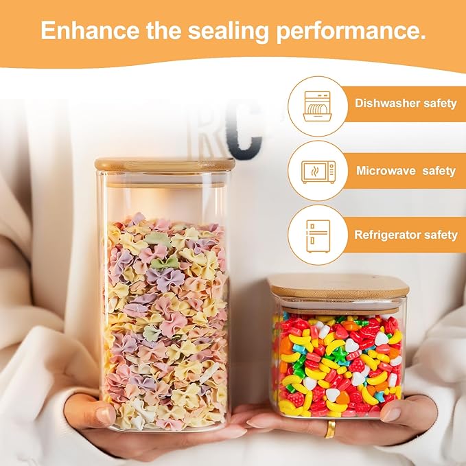 6-Pack Glass Food Storage Jars Set (3 Square + 3 Round), 37oz Airtight Clear Canisters with Bamboo Lids, Stackable Pantry Containers for Flour, Sugar, Rice, Pasta, Nuts, Candy & Spice Organization