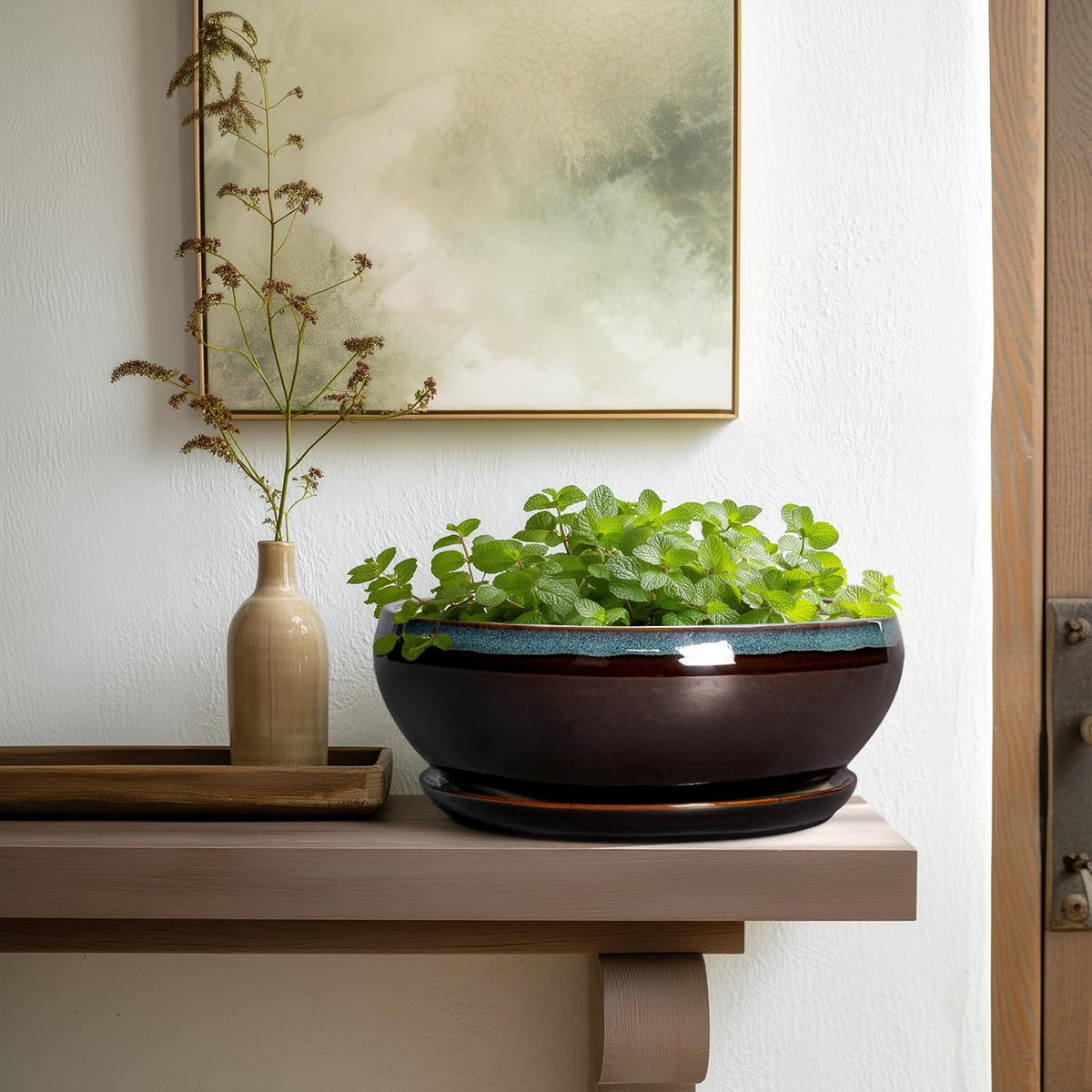 SQOWL Bonsai Tree Pots - 10 Inch Ceramic Succulent Pots with Drainage Hole and Saucer, Round Shallow Plant Pot Indoor Outdoor, Ceramic Bonsai Pot, Bowl Planter, Home Decor, Garden Gifts, Blue-Brown