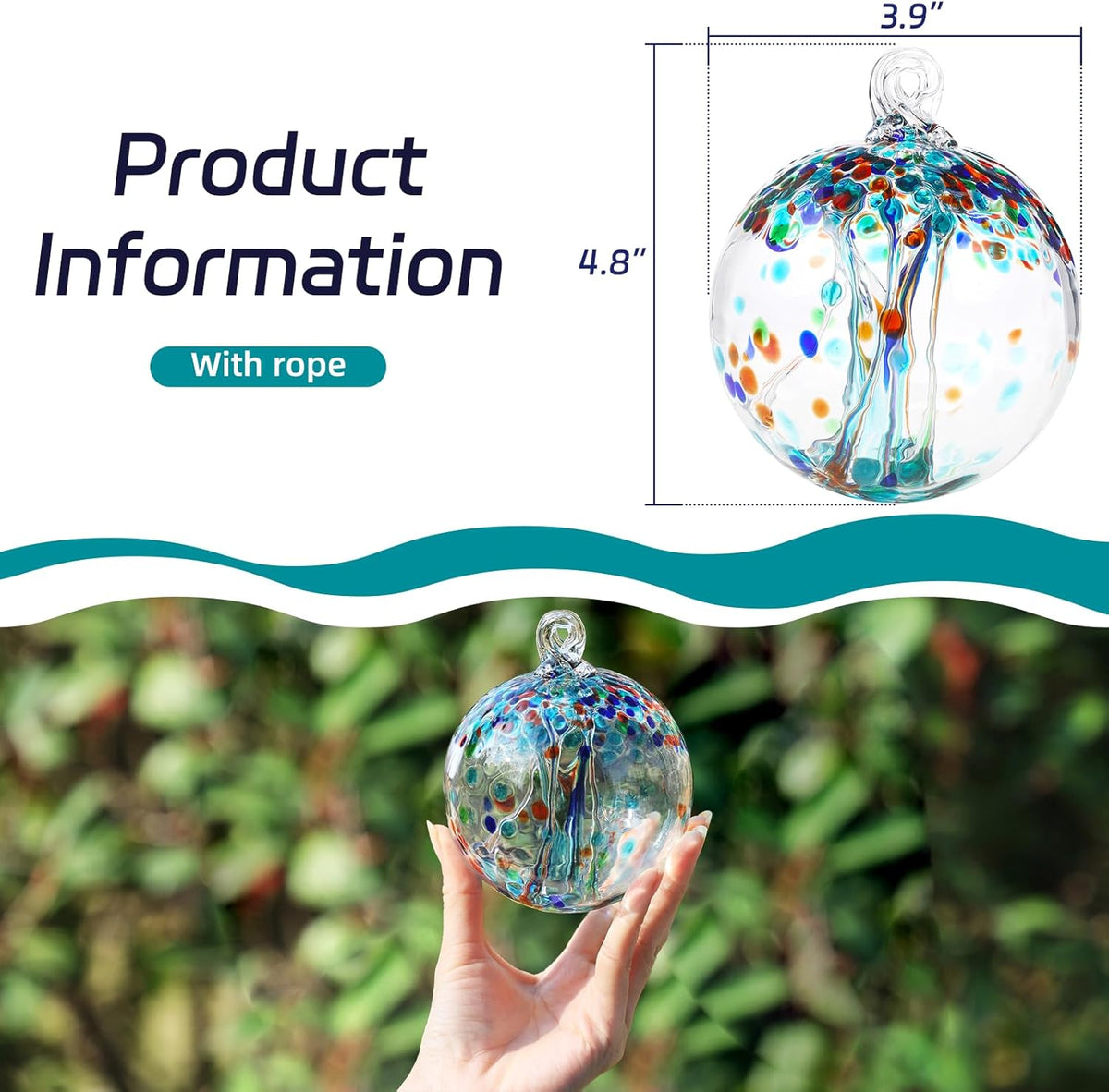 VOREEN 4" Hanging Glass Garden Gazing Ball Hand Blown Glass Witch Ball Christmas Ornament Friendship Balls for Outdoor Garden Patio Window Home Décor, Gift for Mom Wife Friend, Teal Blue