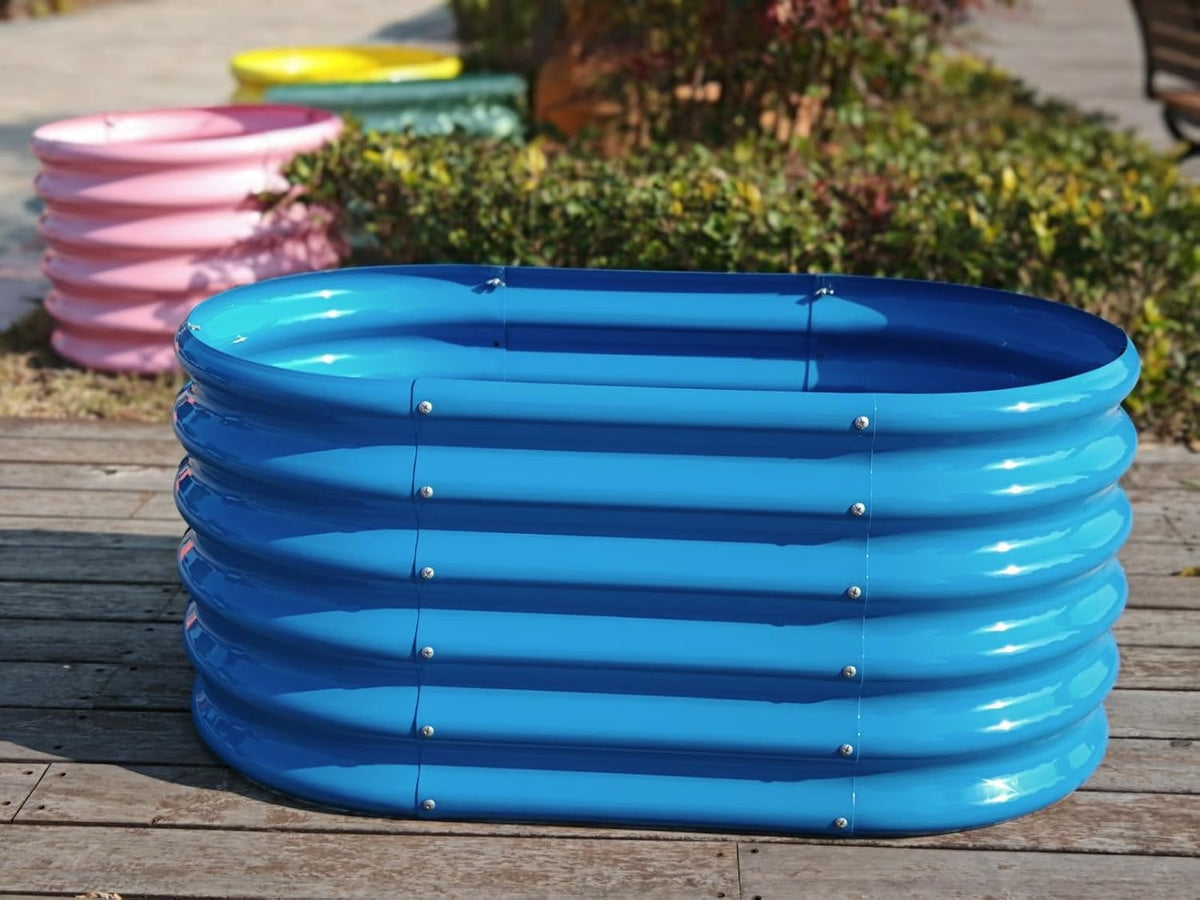 A ANLEOLIFE Kids Raised Garden Beds Outdoor (3-Pack)-40x24x18in Oval Round Galvanized Metal Planter Box for Planting Vegetables, Flowers, Fruits, Eco-Safe & Easy Setup, Sky Blue