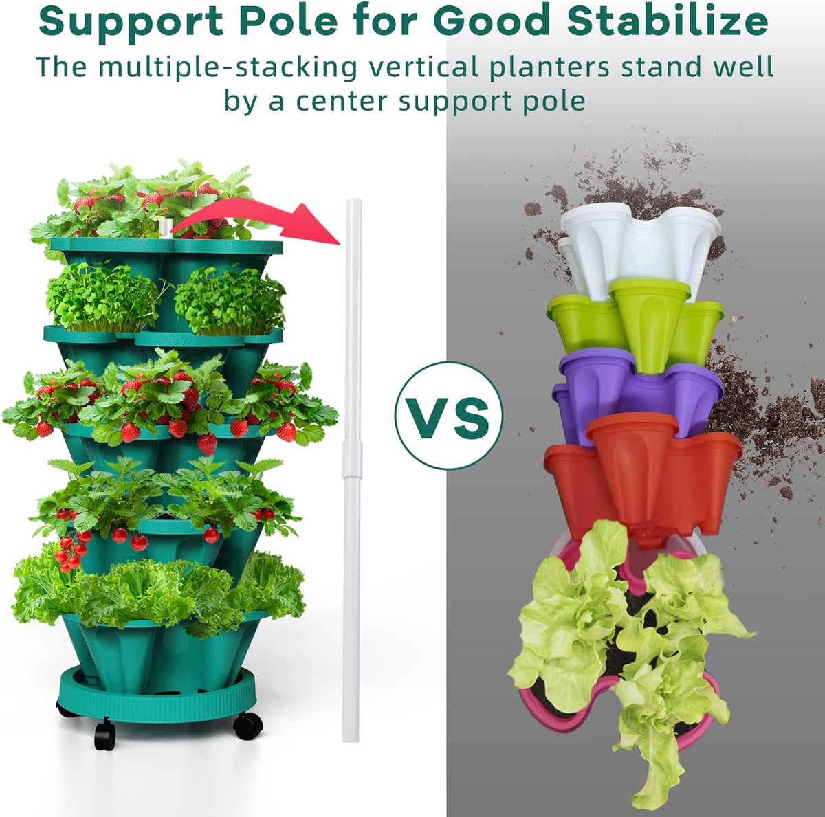 Strawberry Vertical Planters Tower Garden 2 Pack, 7 Tiered Stacking Herb Vegetable Planter with Support Pole Indoor and Outdoor - Hunter Green
