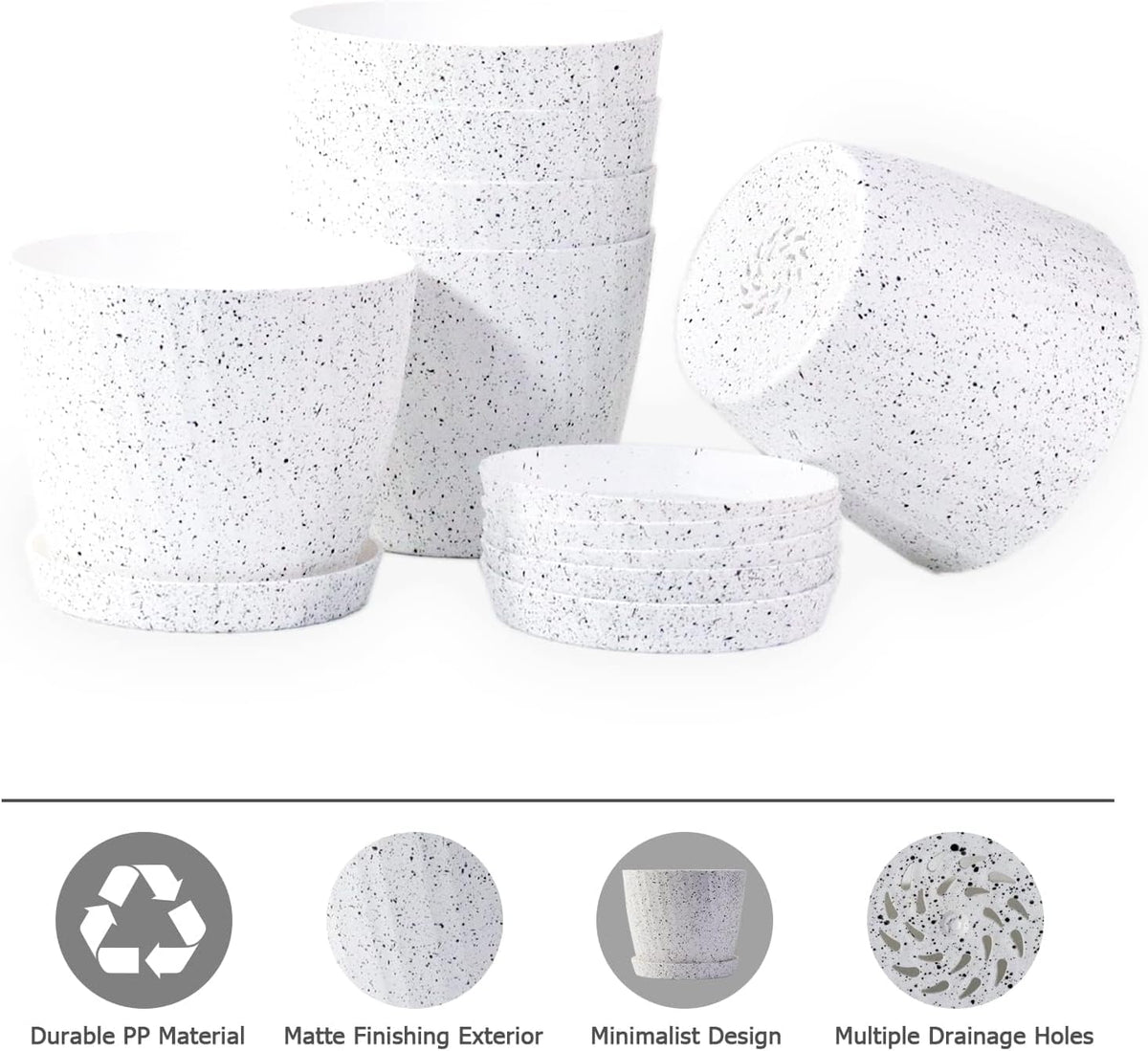 7 Inch Plant Pots Bulk, 6 Pack Plastic Planters with Drainage Holes and Saucers for Indoor Outdoor House Plants and Flowers, White Speckles