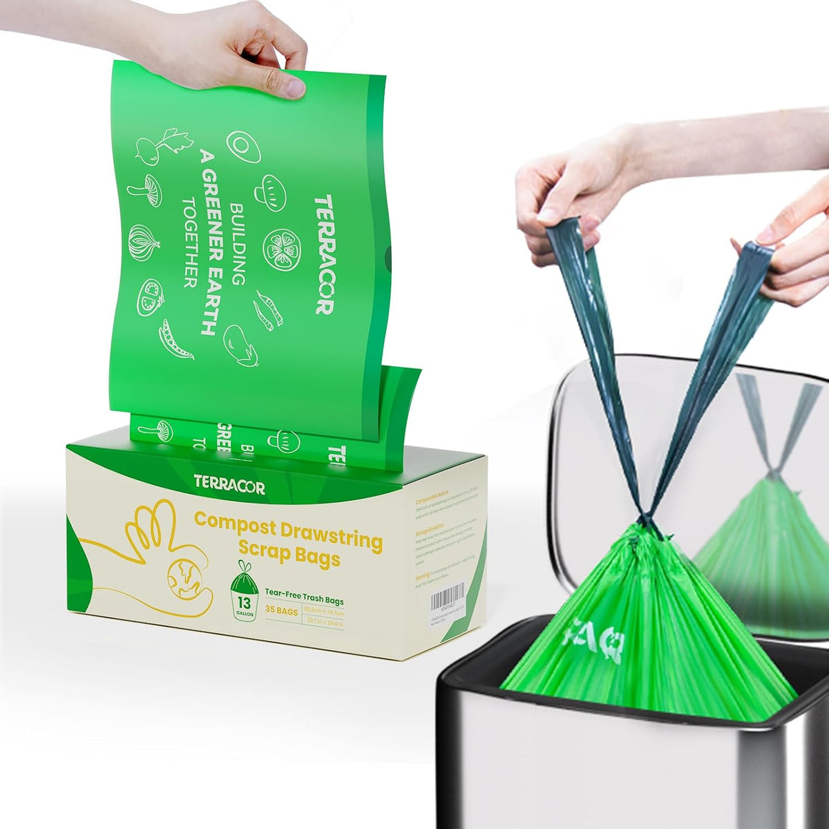 13 Gallon Compostable Trash Bags Liners Drawstring, Heavy Duty Extra Thick 1 Mil, 49.21 Liter, 35 Bags, Tall Kitchen Food Scrap Waste Bag, ASTM D6400