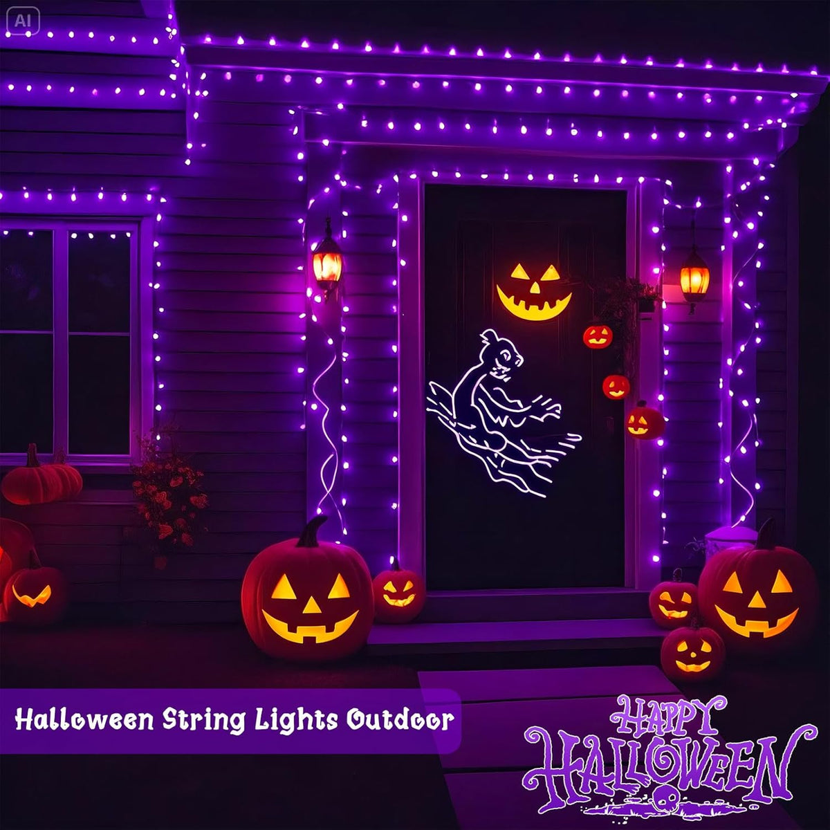 4 Pack Purple Solar Halloween Lights Outdoor Waterproof, 180FT 320 LED Solar String Lights with Green Wire 8 Modes Solar Fairy Twinkle Light for Tree Bush Garden Horror Party Halloween Decorations