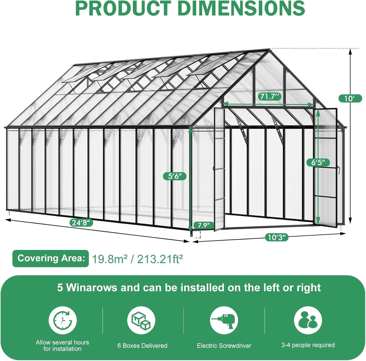CDCASA 10x24 FT Greenhouse for Outdoors,Large Easy Assembly Thicker Aluminum Polycarbonate Greenhouses w/5 Windows, Double Door, Walk-in Green House for Outside,Patio,Backyard,Garden