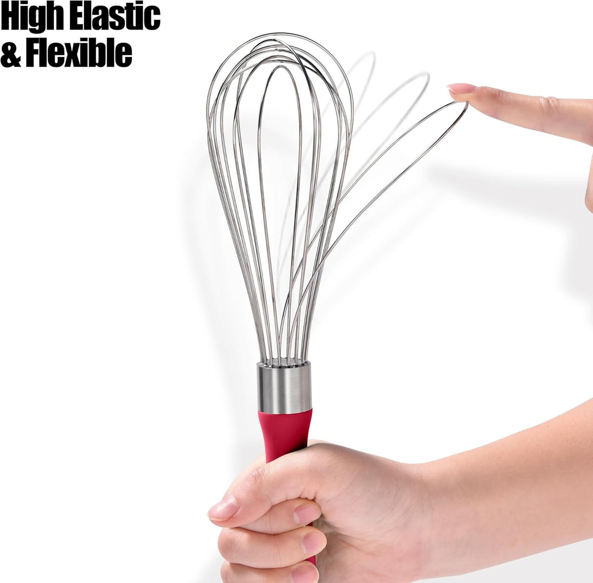 18/8 Stainless Steel Balloon Whisk, Doosu Kitchen Whisk for Cooking Handheld Egg Beater with Rust-Proof Sturdy Wires & Non-Slip Silicone Handle for Beating, Stirring, Blending (8 Wires, Red)