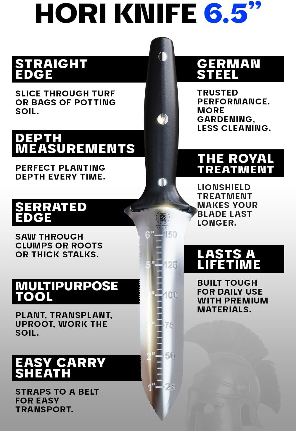 DALSTRONG Hori Hori Garden Knife - 6.5 inch - Straight Edge + Serrated Edge - Gladiator Series Elite - Forged German Steel - Sheath Guard Included - Weeding, Cutting, Digging, Planting - NSF Certified
