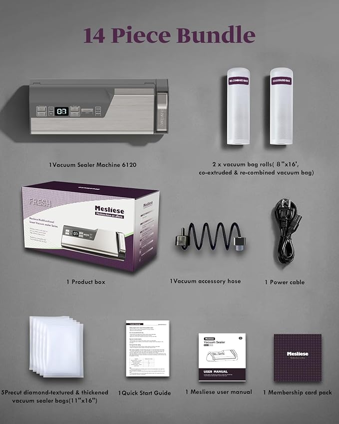 Mesliese Vacuum Sealer Machine, 95kPa 140W One Hand Operation Food Sealer, Double Seal Strip with Build-in Cutter & Countdown Display, 2 Bag Rolls, 5PCS Pre-cut Bags