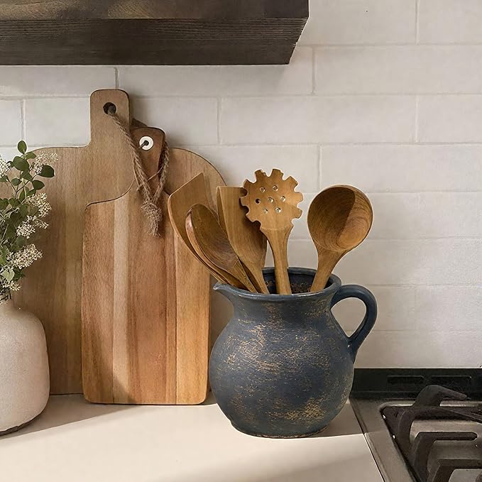 MIYUKI Rustic Kitchen Utensil Holder - 7.6 Inch Ceramic Utensil Crock for Countertop, Vintage Kitchen Counter Decor