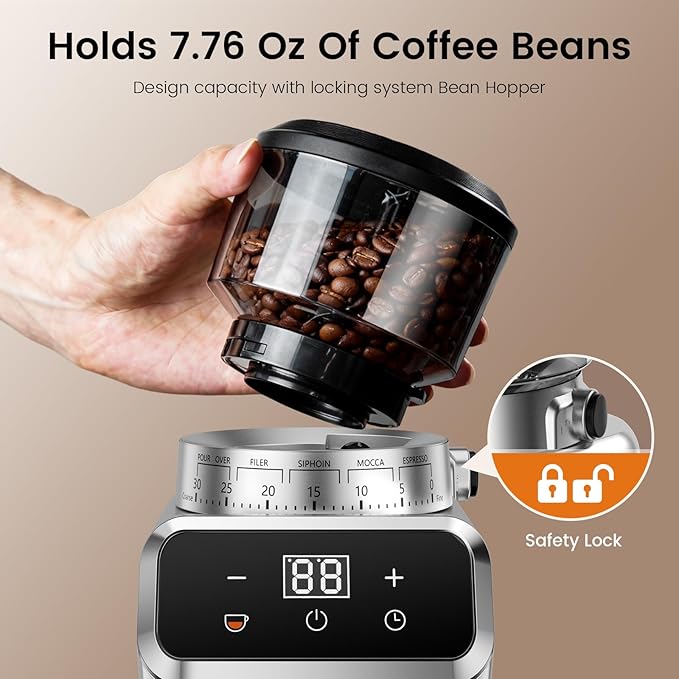 Burr Coffee Grinder Electric, 30 Grinding Settings Emojoy Coffee Bean Grinder, Burr Coffee Grinder for Home Use, Touchscreen and LED Control Panel, Stainless Steel, Conical Burr Grinder
