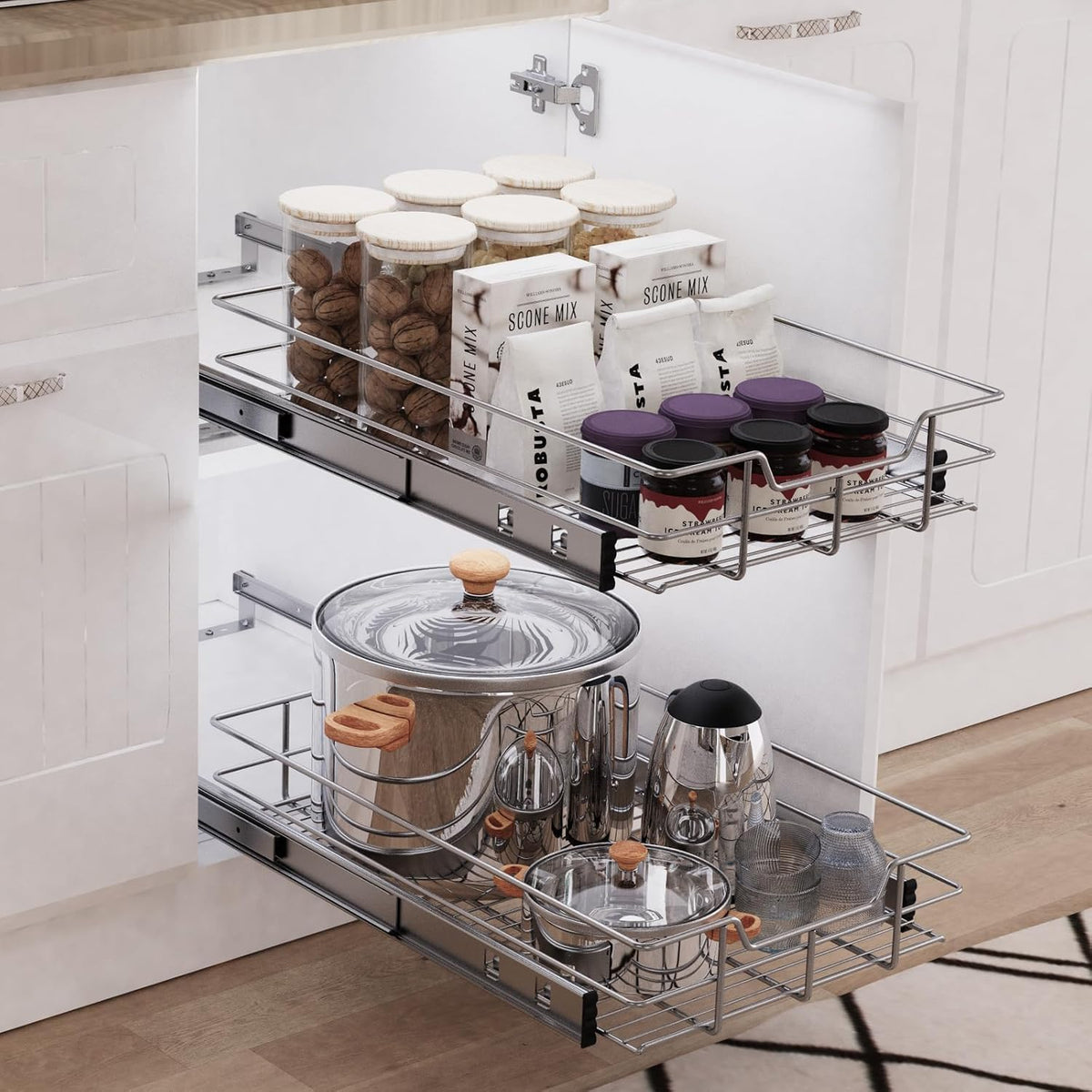 Pull Out Cabinet Organizer 20" W X 22" D, Slide Out Drawers For Kitchen Organizers and Storage, Pull Out Drawers For Cabinets Capacity Heavy Duty Caddy, Cabinet Shelves Chrome-Plated, Bathroom Pantry