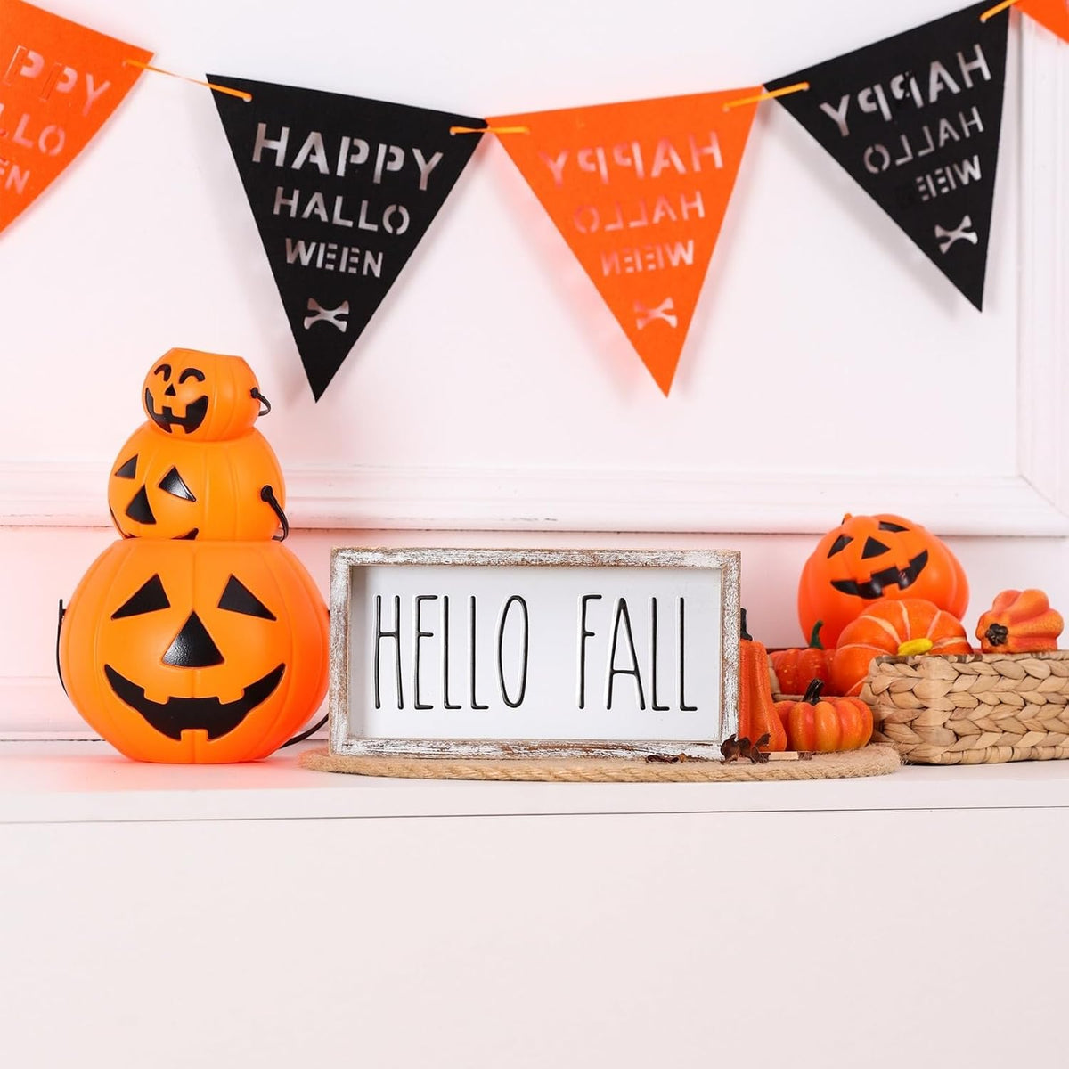 Fall Decor, Hello Fall Block Sign for Shelf, Mantel, Table, Rustic Thanksgiving Decoration, Autumn Tiered Tray Decor, Embossed Metal With Wood Frame Black