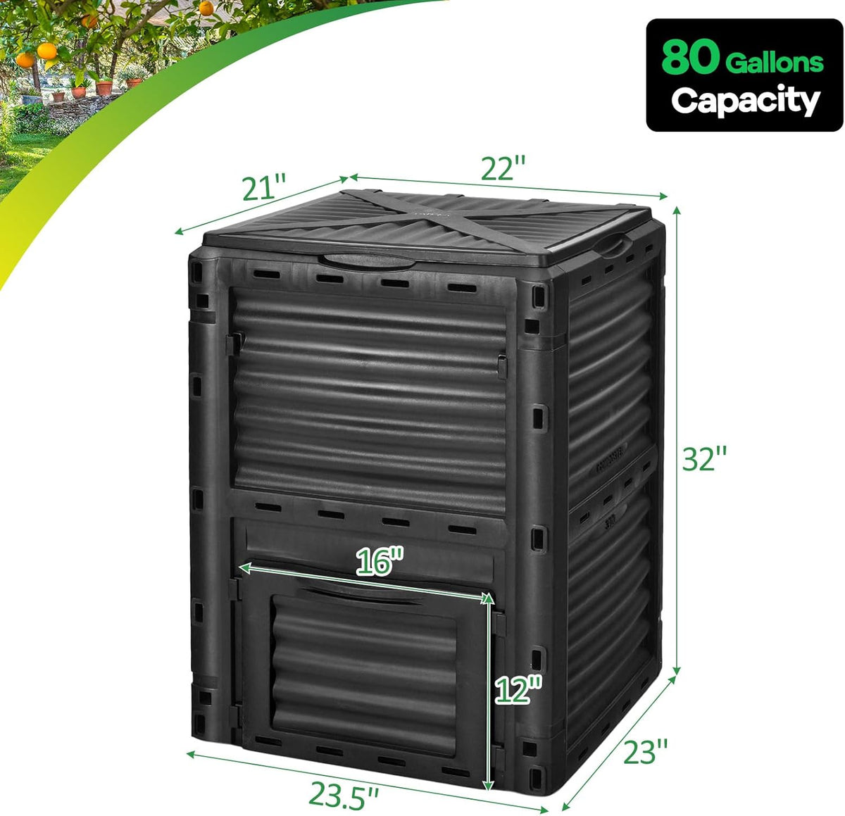 Goplus Compost Bin, 80 Gallon (300 L) Large Outdoor Composting Box w/Top Flip Latch-on Lid, Bottom Exit Door, BPA Free Material, Grass Food Trash Composter Barrel for Garden Yard (Black)