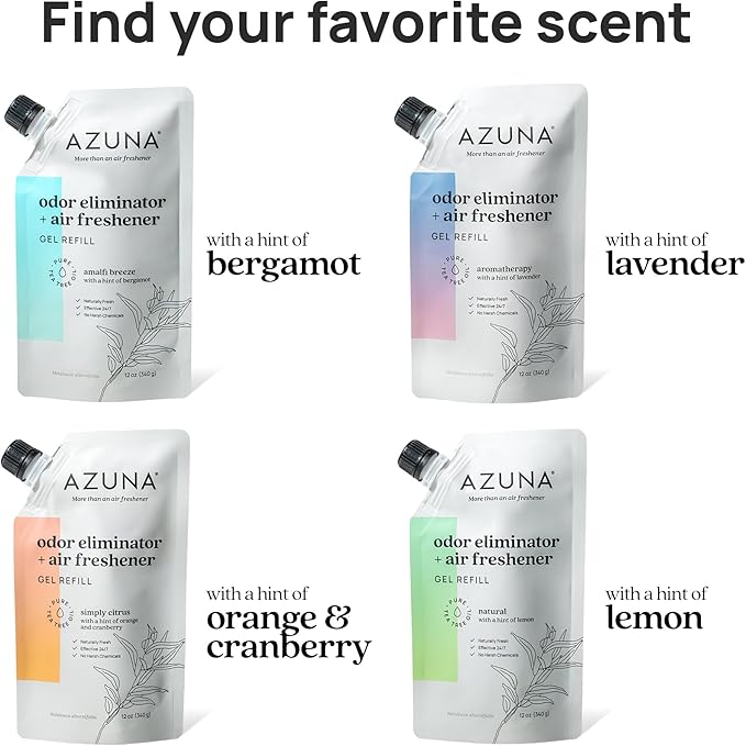 Azuna Air Freshener & Odor Eliminator for Strong Odor | 2 Room Kit Includes (2) 8 oz. Empty Luxe Glass Jars & 12 oz | Refill with Tea Tree Essential Oil Gel | Amalfi Breeze | Last 60-90 Days