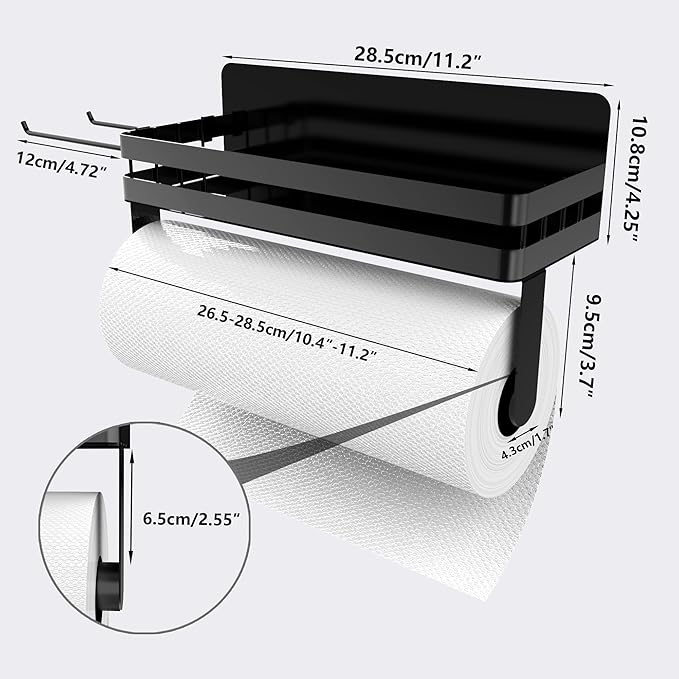 DELITON Magnetic Paper Towel Holder for Fridge - Black Paper Towel Roll Holder with Shelf for Grill Strong Magnetic Heavy Duty, Kitchen Refrigerator Organization Spice Rack with 2 Hooks No Drill