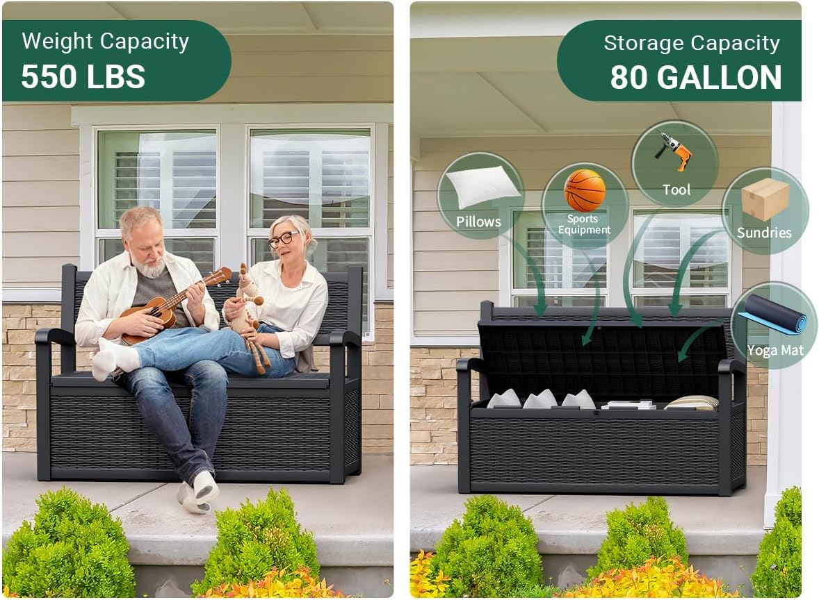 80 Gallon Outdoor Storage Box, Resin Patio Furniture with Armrest, Lockable Deck Box with Waterproof and UV Resistant for Patio Cushions, Garden Tools and Pool Supplies, Black