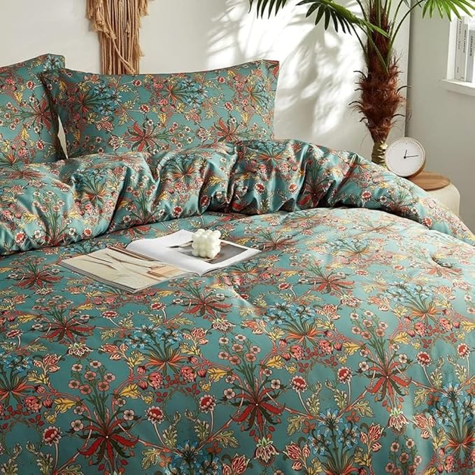 Boho Comforter Set Full Size Vintage Floral Boho Bedding Comforter Set 3 Pieces Flowers Botanical Floral Comforter Set Fluffy Soft Microfiber All Seasons Full Size Comforter with 2 Pillowcases