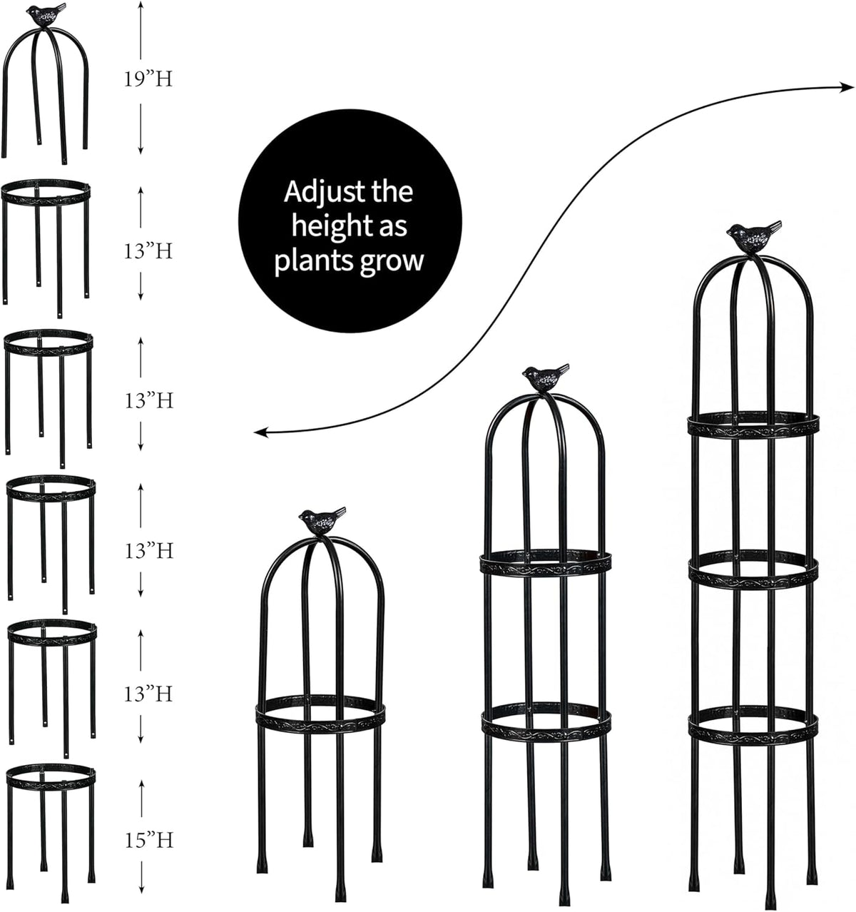 Evergreen Garden Metal Garden Obelisk Trellis for Climbing Plants Outdoor | Indoor Plant Trellis for Potted Plants | Floral Pattern Arch Trellis (7 Feet, Black)