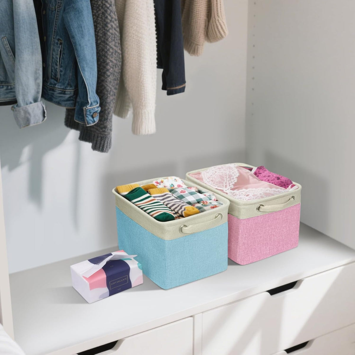 BALEINE 1 Pack Fabric Storage Bins for Shelves, Linen Storage Baskets for Organizing, Decorative Closet Bins for Clothes, Home (Green, 12"x8"x8")