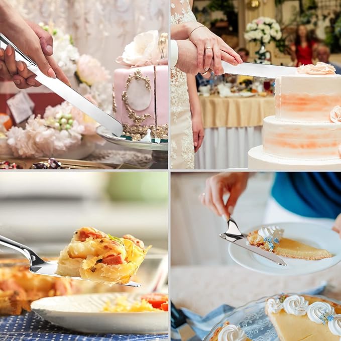 Eisinly Cake Cutting Set for Wedding, Elegant Cake Knife and Server Set with Thickened Stainless Steel Rounded Edges, Cake Cutter and Pie Spatula for Birthday Anniversary, 2 Pcs, Silver