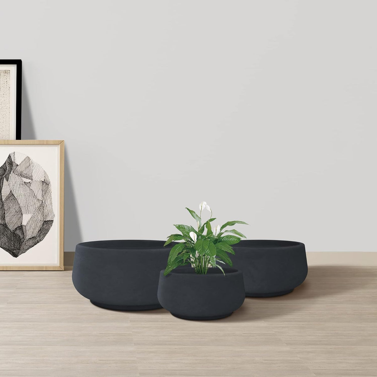 Kante 21.6",16.9",and 12.5" Dia Round Charcoal Elegant Planters (Set of 3), Outdoor Indoor Garden Plant Pot with Drainage Hole and Rubber Plug for Home & Patio
